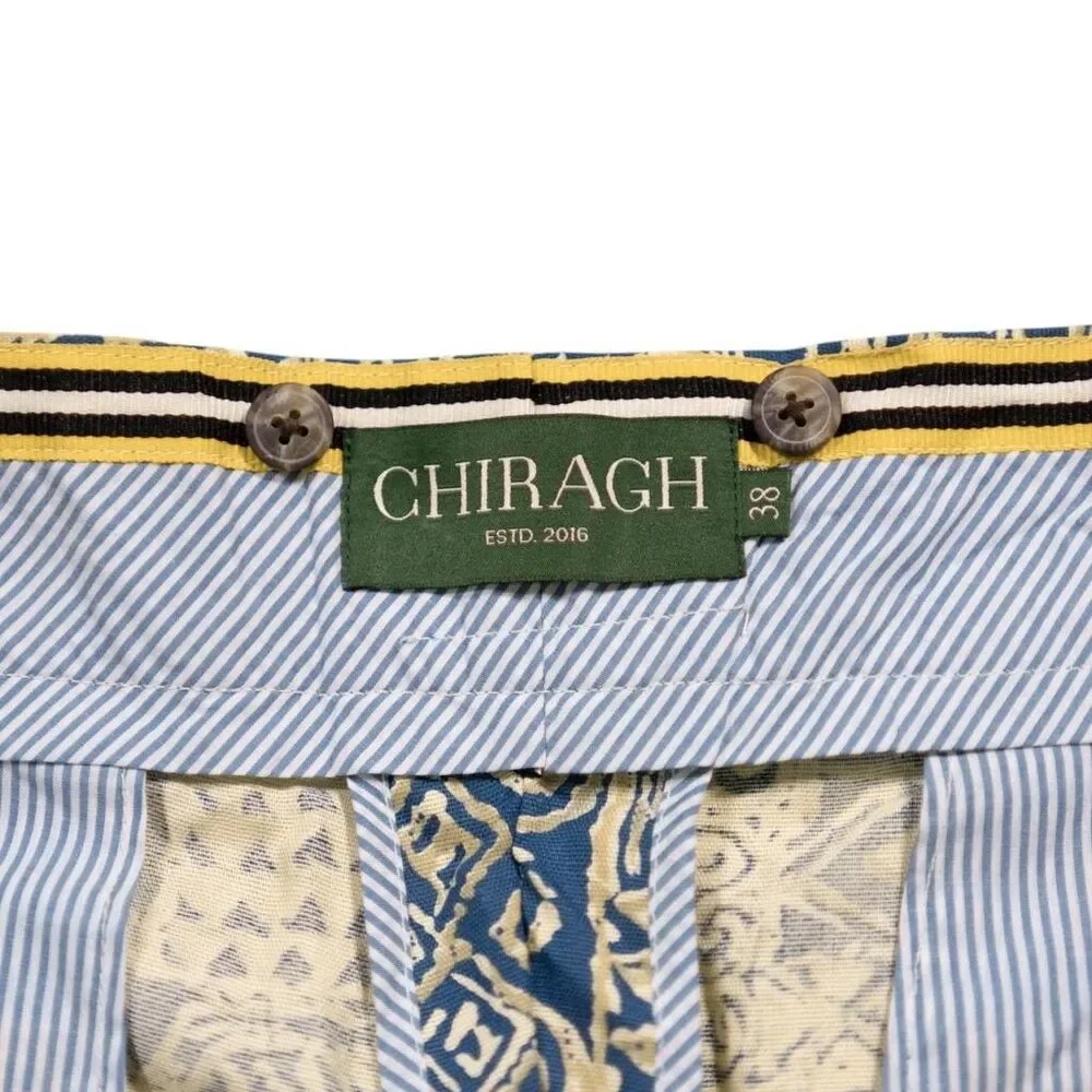 Mens Gurkha Pants 38 Blue Beige Block Print Chino Trousers Flat Front Straight
